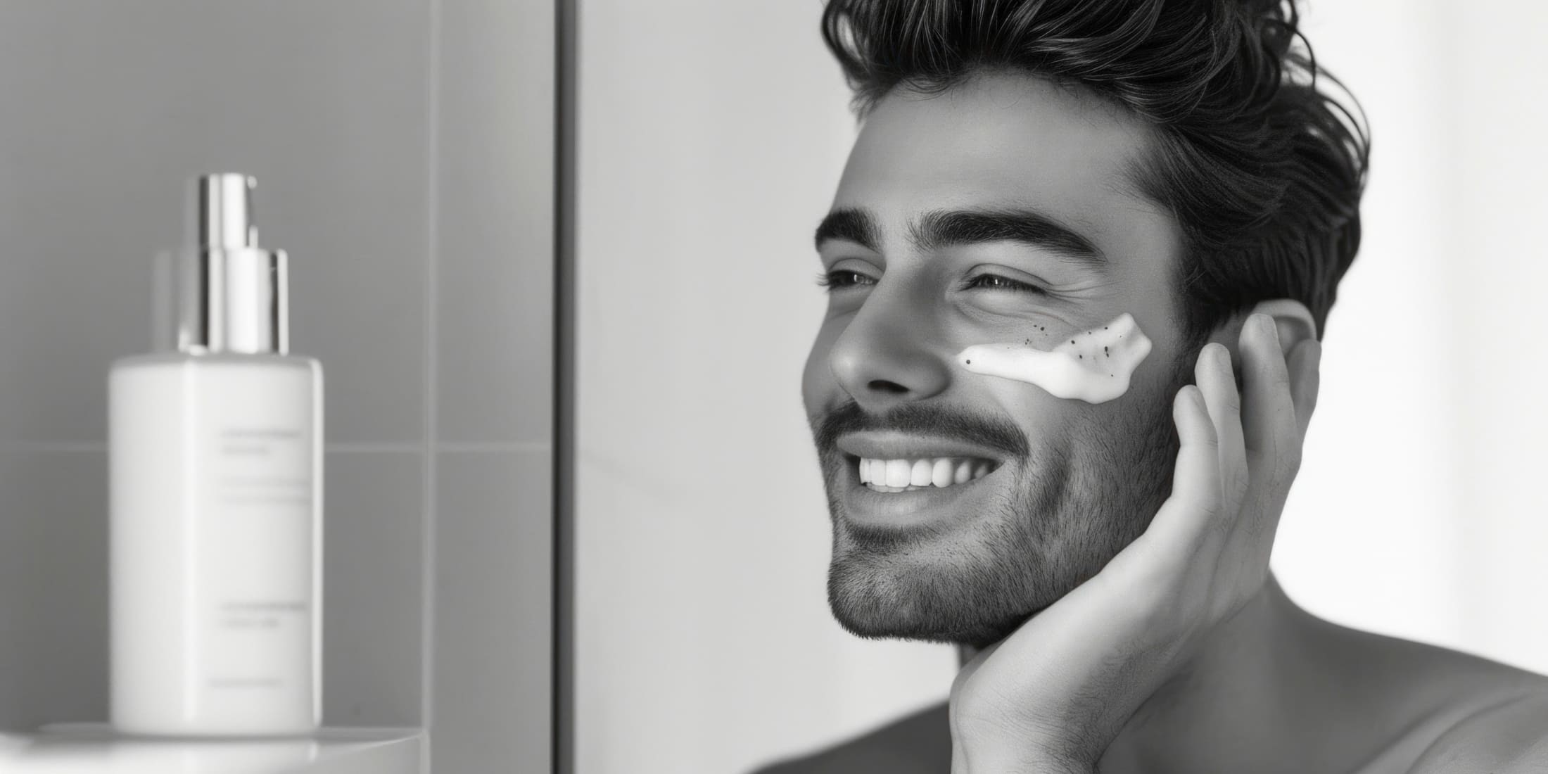 A well-groomed man smiling while applying facial cleanser, practicing proper skincare as part of his daily hygiene routine. The image emphasizes men's skincare tips, promoting clean and healthy skin through regular grooming and the use of appropriate products.