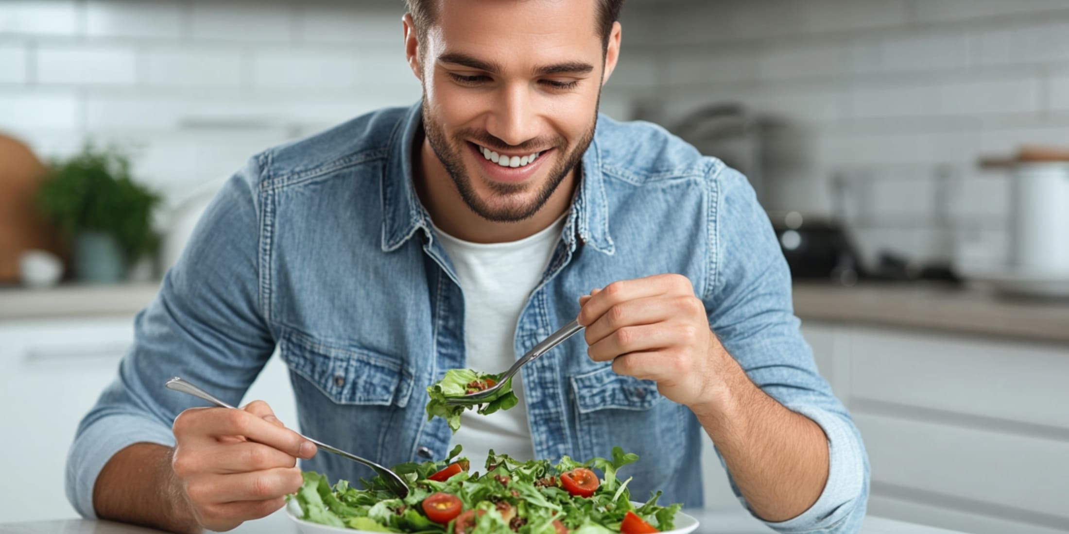 A male enjoying a healthy salad in a modern kitchen, embracing good nutrition for overall well-being and fresh-smelling health.