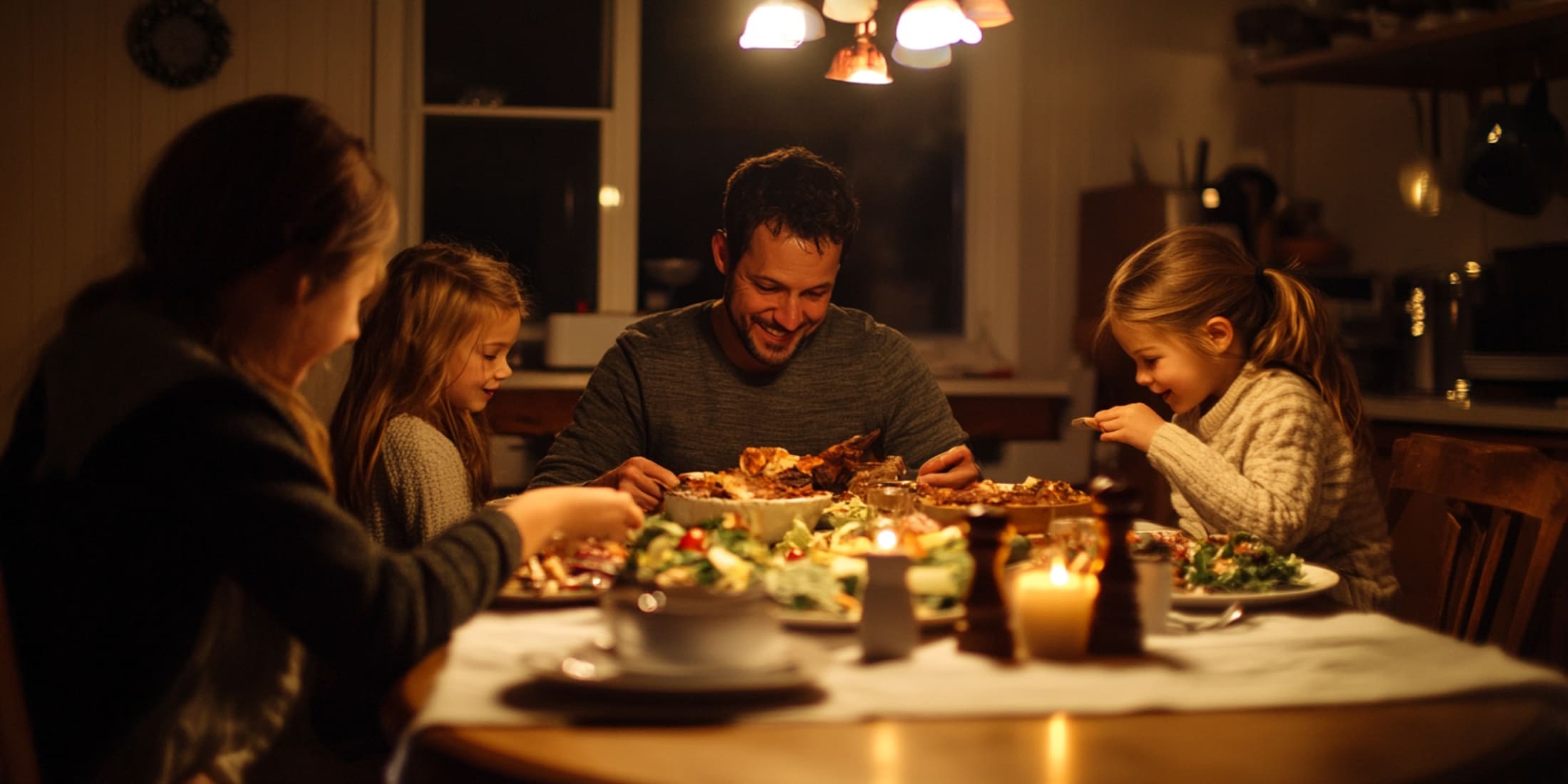 A warm, cozy scene of a man smiling and enjoying dinner with his two young daughters at a candle-lit table. This image reflects the importance of work-life balance, a key habit of successful men, highlighting the value of spending quality time with family amidst professional commitments.