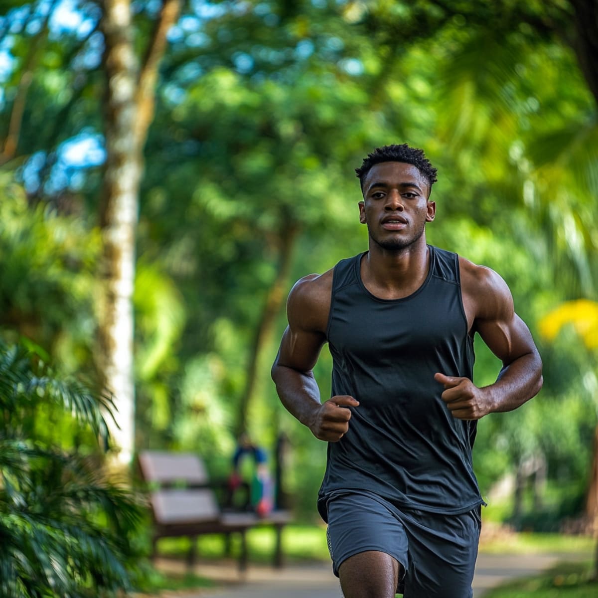 A muscular man jogging through a lush, green park, demonstrating commitment to physical health and fitness. His strong posture and focused expression highlight the importance of regular exercise in how to improve yourself as a man. The scene emphasizes strength, cardio endurance, and overall well-being, embodying the balance between fitness and self-improvement.