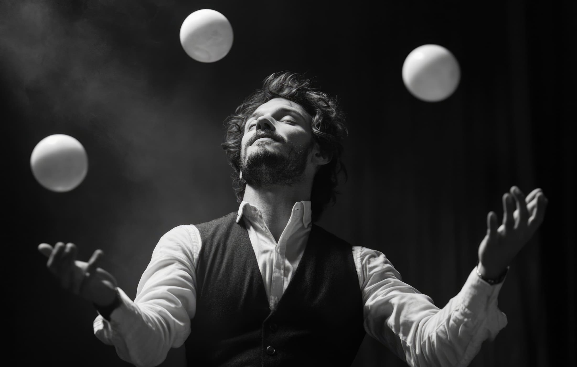 Man juggling multiple balls, symbolizing the balance of work, family, and partner responsibilities, representing the challenges of juggling life’s demands.