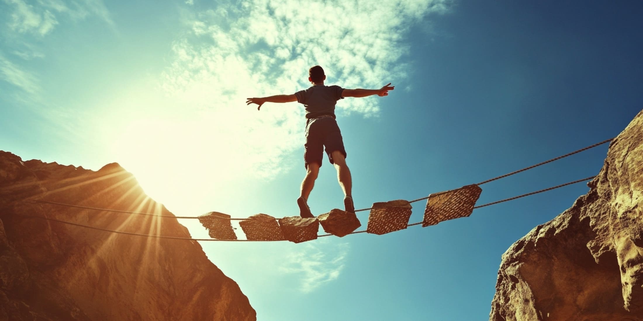 A man balances on a narrow rope bridge between two cliffs with arms outstretched, illuminated by the bright sun. This image symbolizes overcoming obstacles and taking risks, a key habit of successful men, emphasizing resilience, courage, and the determination to move forward despite challenges.