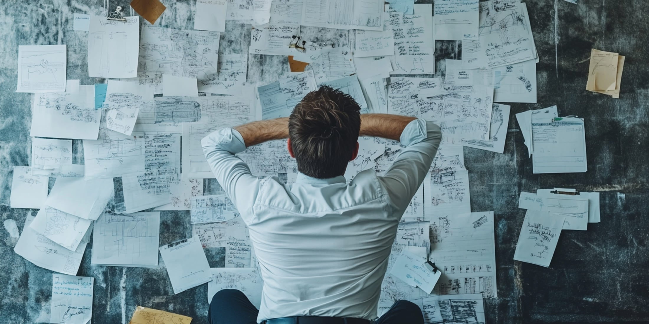 A man sits in front of a wall covered with scattered papers and notes, arms behind his head, deep in thought. This scene represents intense planning, goal-setting, and strategic thinking—key habits of successful men focused on organizing their path to success.