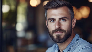  A portrait of a man with a perfectly groomed short boxed beard, enhancing his strong jawline and masculine features. 