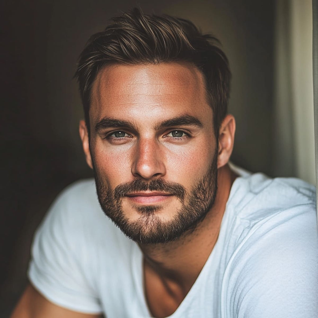 A close-up portrait of a man with a well-groomed short boxed beard, highlighting his defined jawline and strong facial features. His light brown hair is styled in a slightly tousled, textured look, complementing his warm, confident expression. The natural lighting enhances the beard’s clean lines and his clear skin, giving him a polished yet casual vibe. Dressed in a white t-shirt, his overall appearance is both stylish and relaxed, perfectly showcasing the versatility and appeal of the short boxed beard.