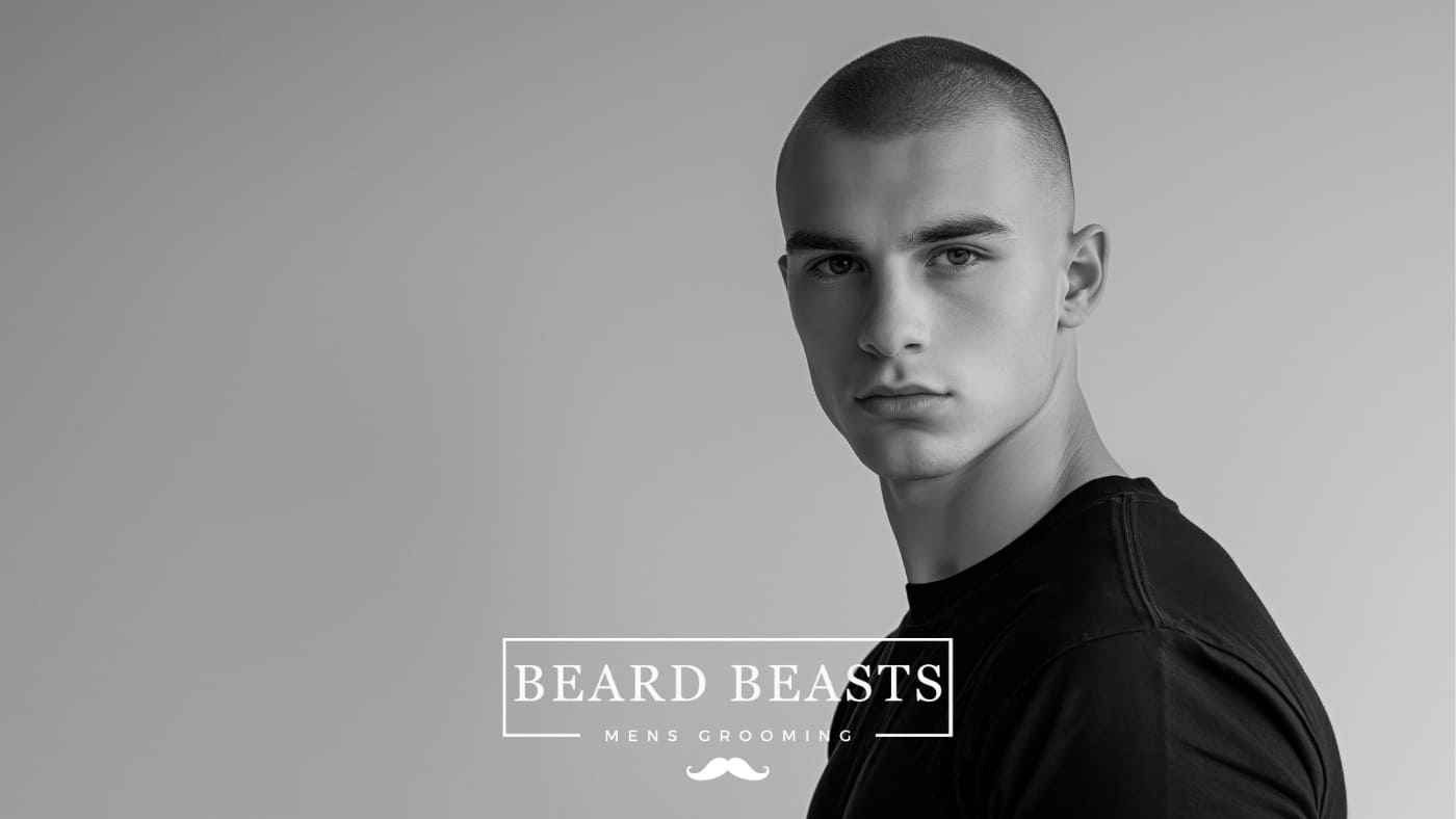 Confident young man with a buzz cut presented by Beard Beasts Men's Grooming, exemplifying a clean and professional look, raising the question: is a buzz cut professional?