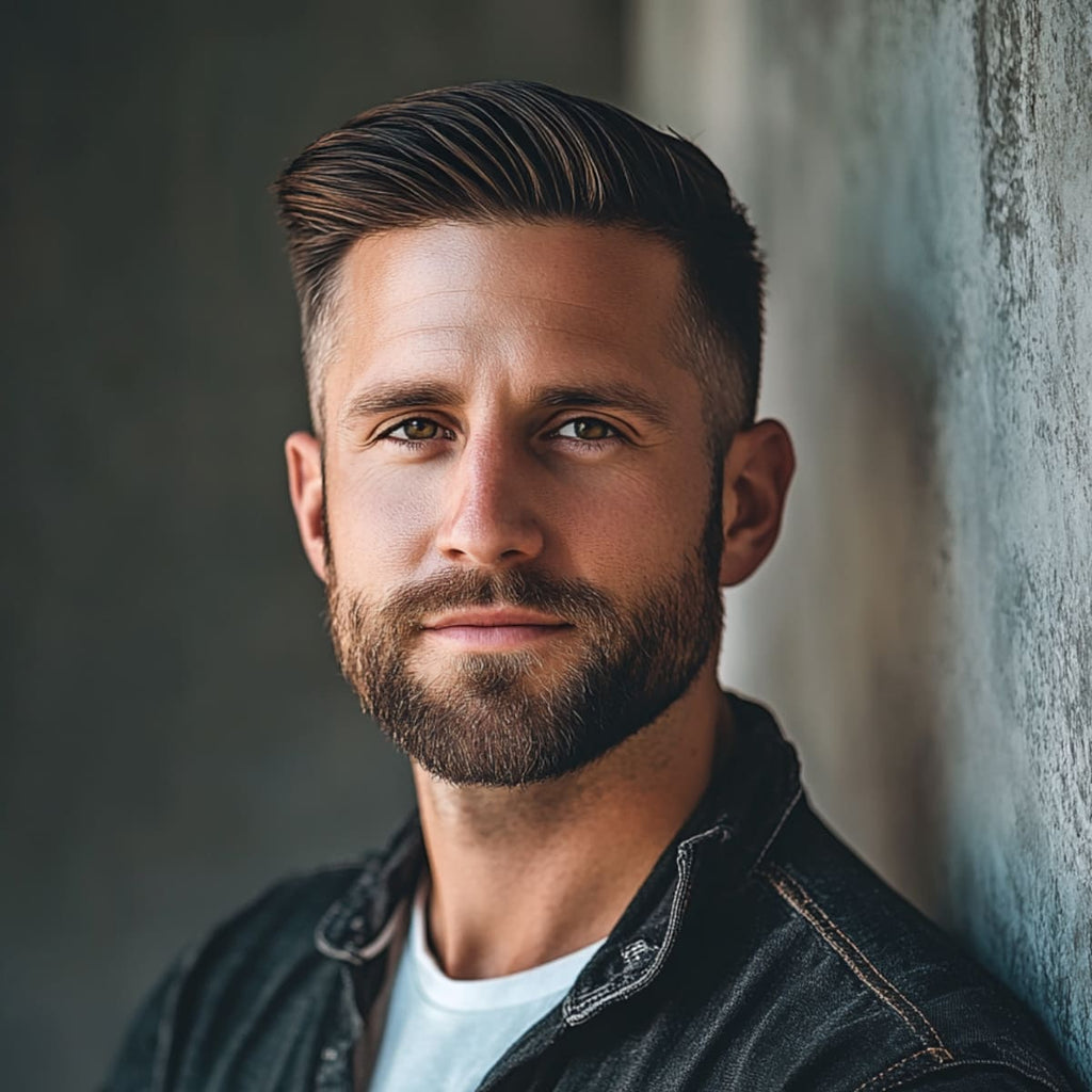 A portrait of a man confidently wearing a well-maintained short boxed beard, perfectly framing his strong jawline and enhancing his masculine features. His dark hair is styled in a sleek, side-parted look, adding to his polished and sophisticated appearance. The natural lighting highlights the clean lines of his beard and smooth skin, creating a balanced and professional look. Dressed in a casual denim jacket over a white shirt, his style blends effortlessly with his neatly trimmed short boxed beard, showcasing both casual elegance and attention to grooming.