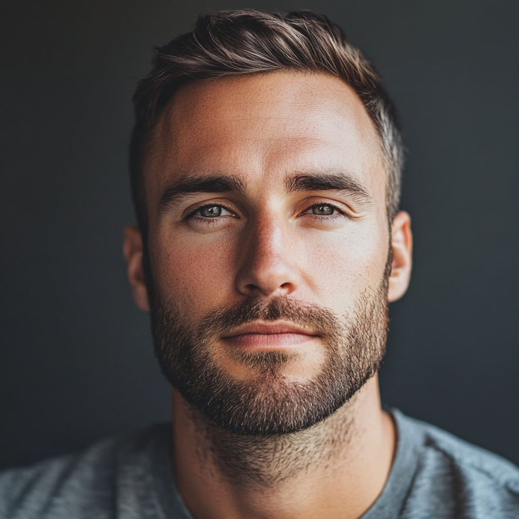 A close-up portrait of a man sporting a meticulously groomed short boxed beard, perfectly outlining his strong jawline. His dark brown hair is styled in a sleek, side-parted cut, giving him a sharp and sophisticated appearance. The soft natural lighting accentuates the clean lines of his beard and the smooth texture of his skin, creating a polished, masculine look. This image showcases the short boxed beard as a stylish and professional choice for men.