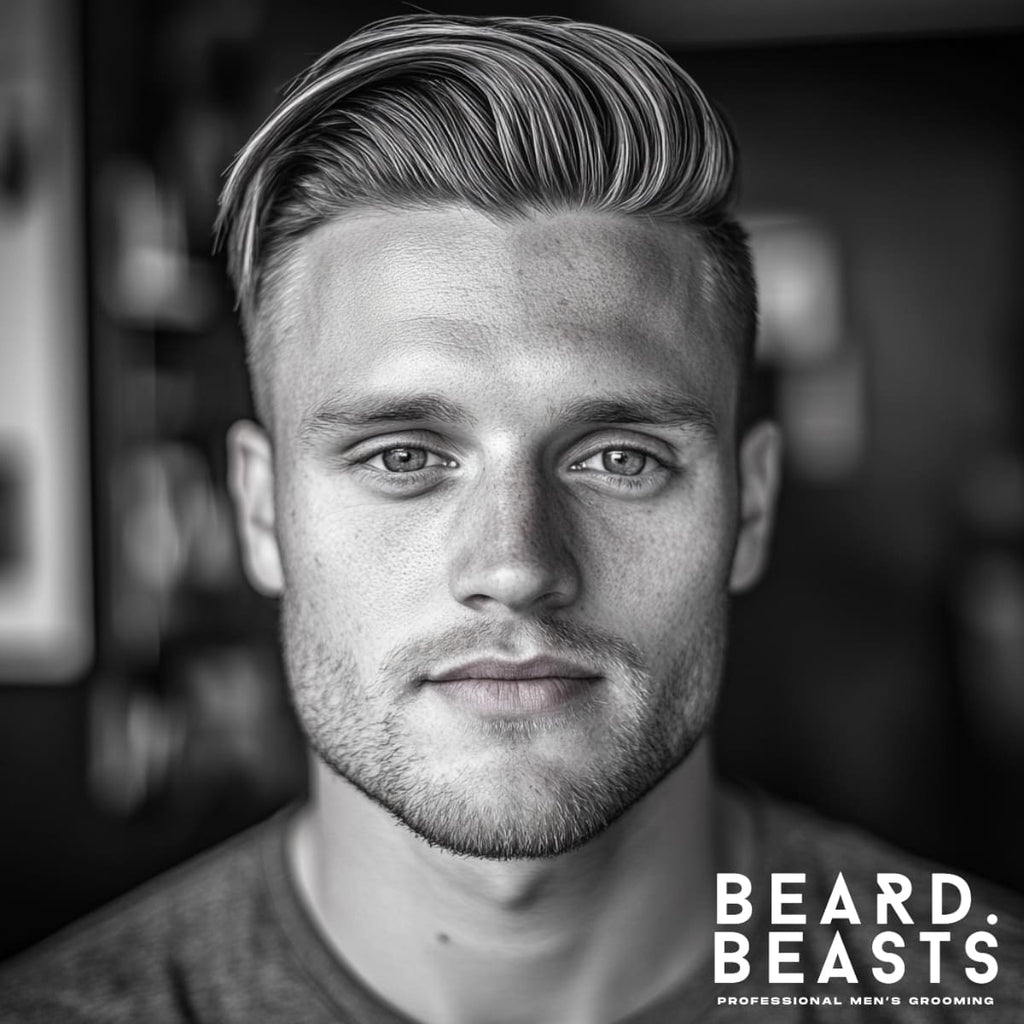 A grayscale image of a man with a sharp, stylish haircut. The subject's face is symmetrical, with light stubble, clear skin, and strikingly focused eyes, creating a polished yet approachable look. The background is softly blurred, directing attention to the hairstyle and facial details, with a minimalist "Beard Beasts" logo in the corner adding a professional touch.