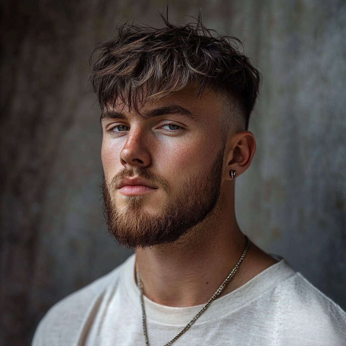 A young man with tousled, textured hair on top styled into a messy fringe, paired with a sharp fade on the sides. He has a neatly trimmed beard, wears a small earring, and sports a simple cream-colored t-shirt and a chain necklace. His expression is calm and confident, with a relaxed, modern style.