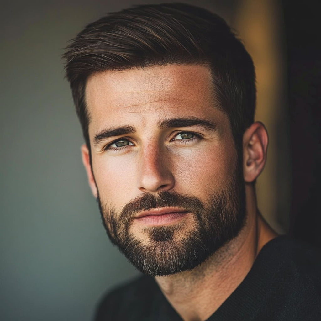 A portrait of a man with a well-groomed, neatly shaped facial hair that enhances his strong facial features and defined jawline. His dark brown hair is styled in a sleek, side-parted cut, complementing his serious yet approachable expression.