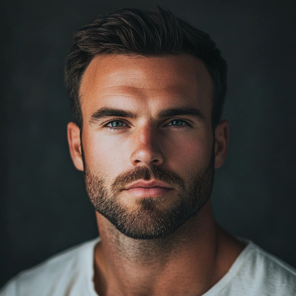 A portrait of a man with a meticulously groomed facial hair that frames his face and enhances his strong jawline.