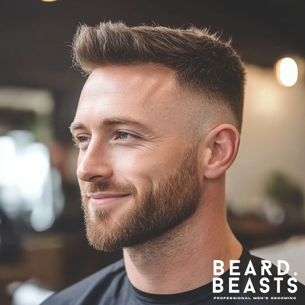 Close-up of a man with a stylish short textured quiff haircut, featuring a clean fade and groomed beard, perfect for a modern and versatile look.