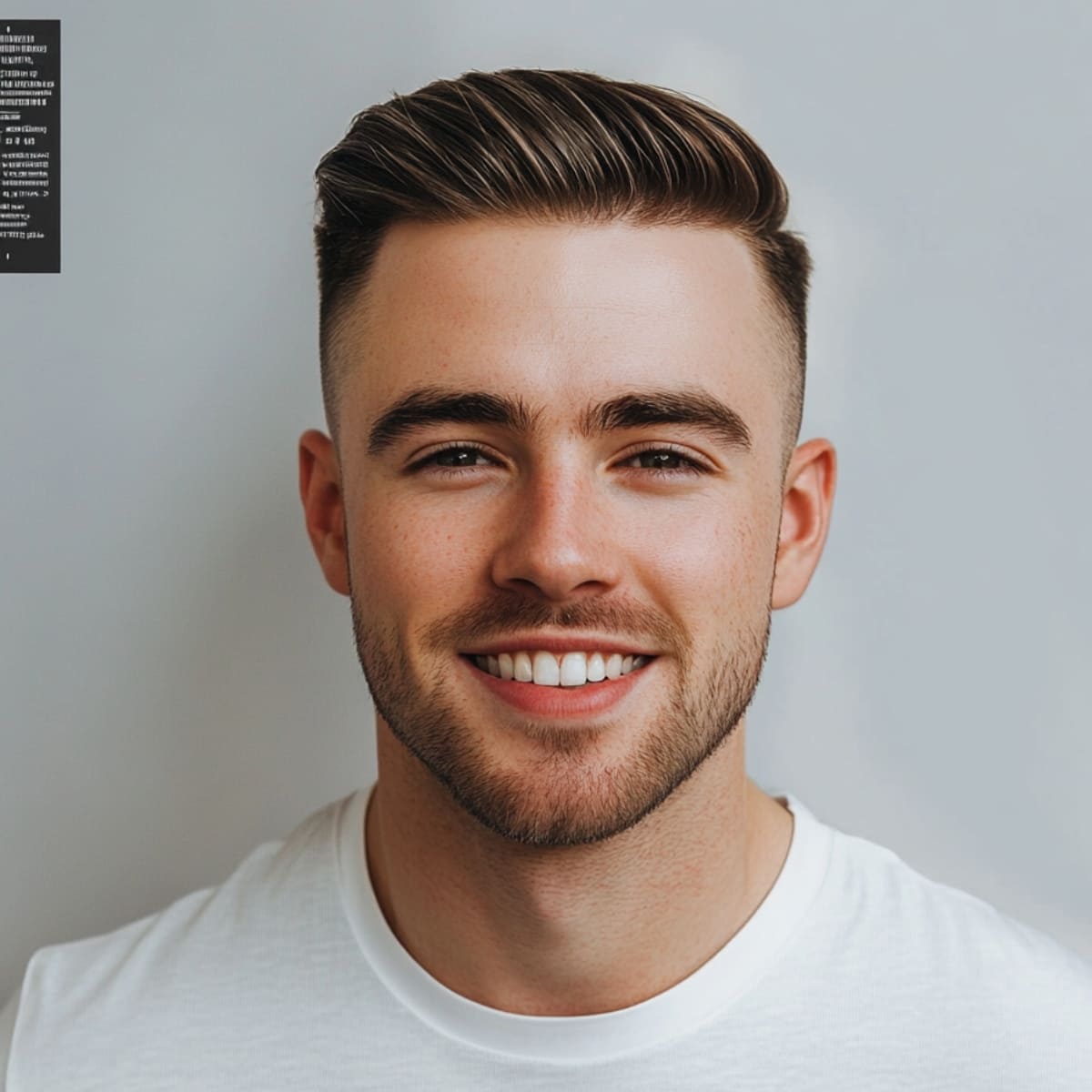 A smiling man with a skin fade side part hairstyle, featuring a sharp, clean fade on the sides and a defined part with neatly combed hair on top. He is wearing a white shirt, showcasing a modern, polished look that highlights the precise fade and styling of this trendy haircut.