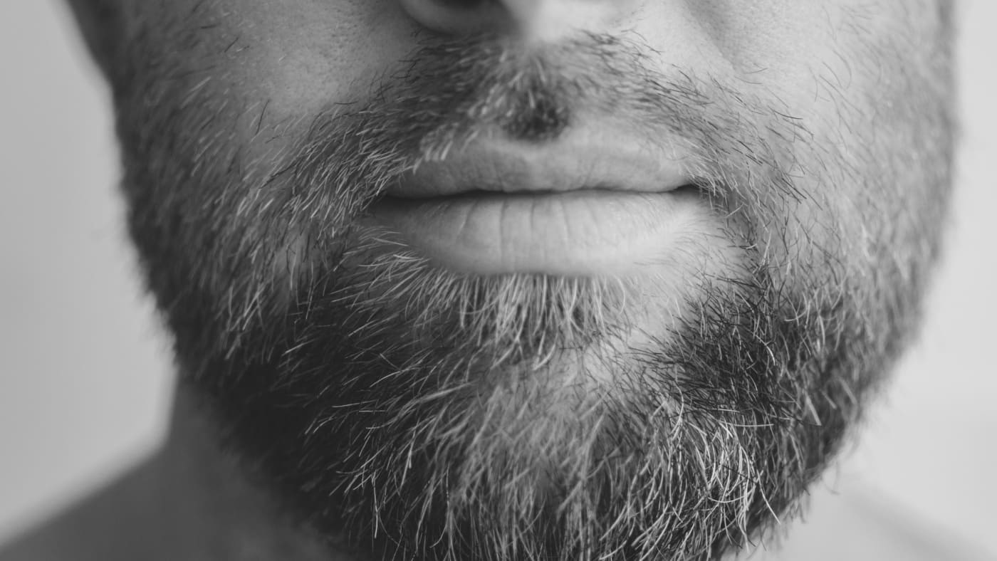 A close-up black and white image of a man with a stringy beard, focusing on the lower half of his face showing detailed beard texture.