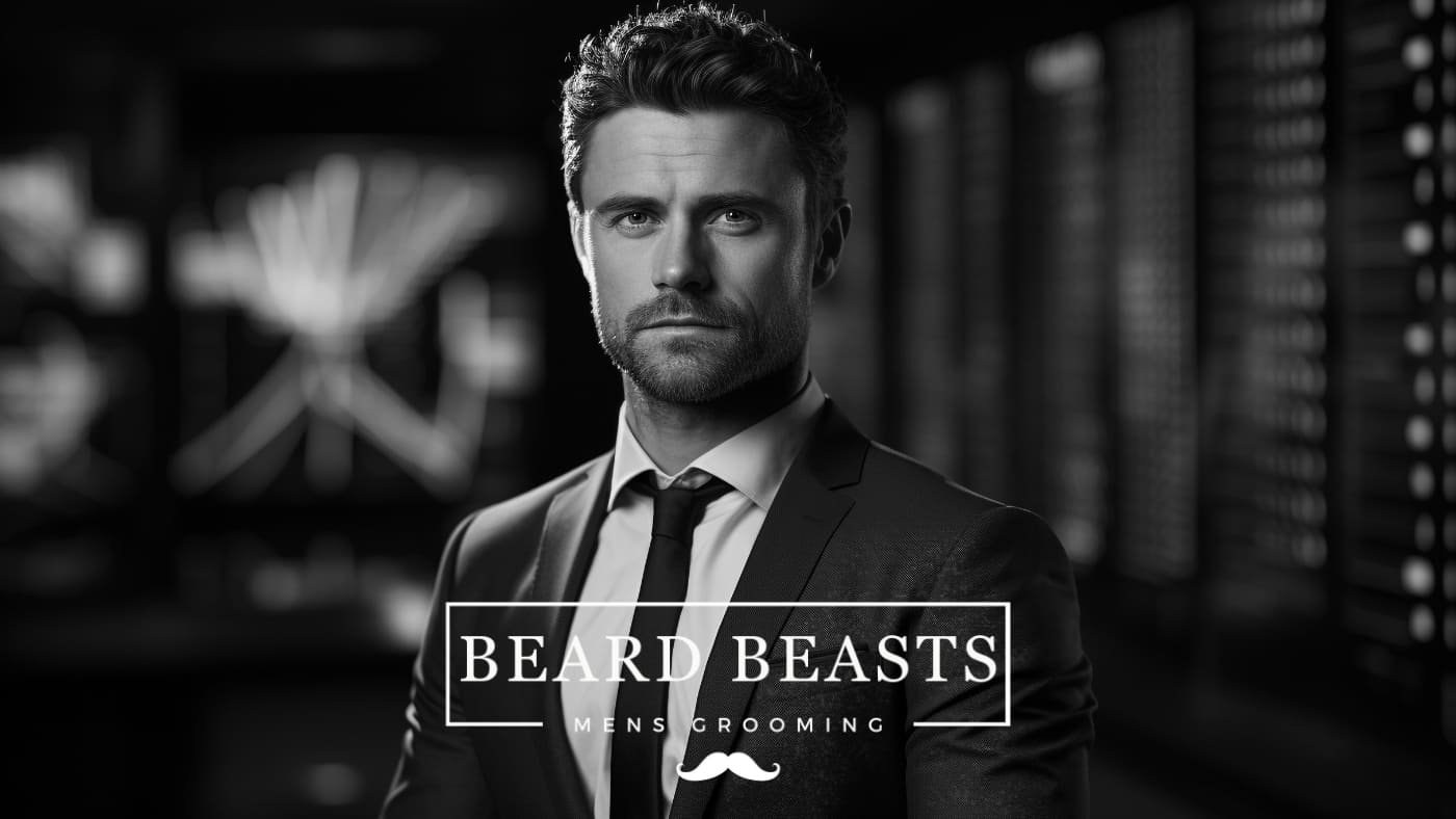 A monochrome image of a well-groomed man with a stubble beard, wearing a suit and tie, representing a sophisticated and masculine style, for the brand "Beard Beasts Men's Grooming.