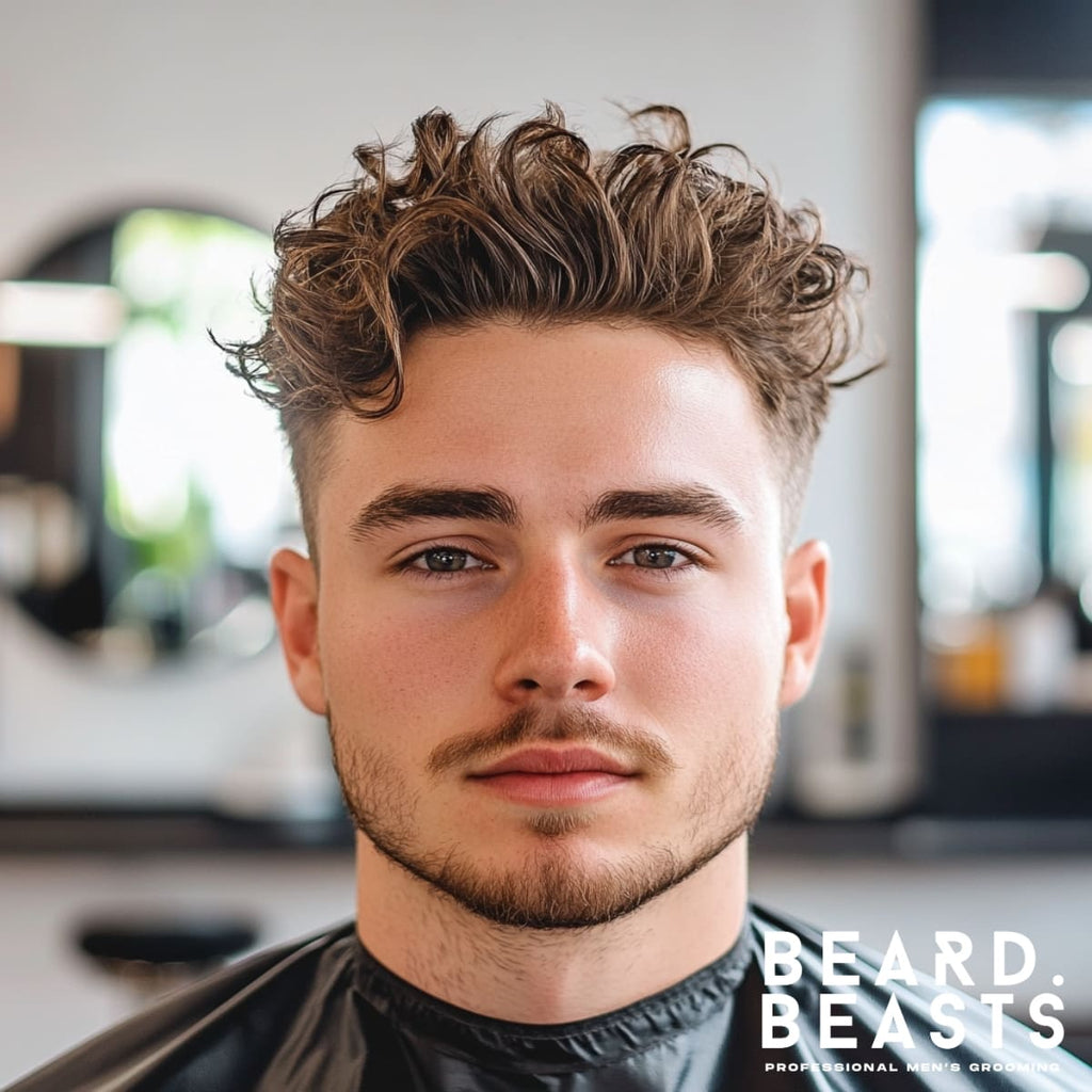 A man with thick, wavy hair styled with natural, tousled hair on top, paired with a gradual taper that starts just above the ears for a clean and modern look. He has a neat beard and a confident expression, seated in a bright barbershop with mirrors and natural light softly illuminating the scene. The focus is on the stylish haircut and the relaxed yet polished vibe it creates.