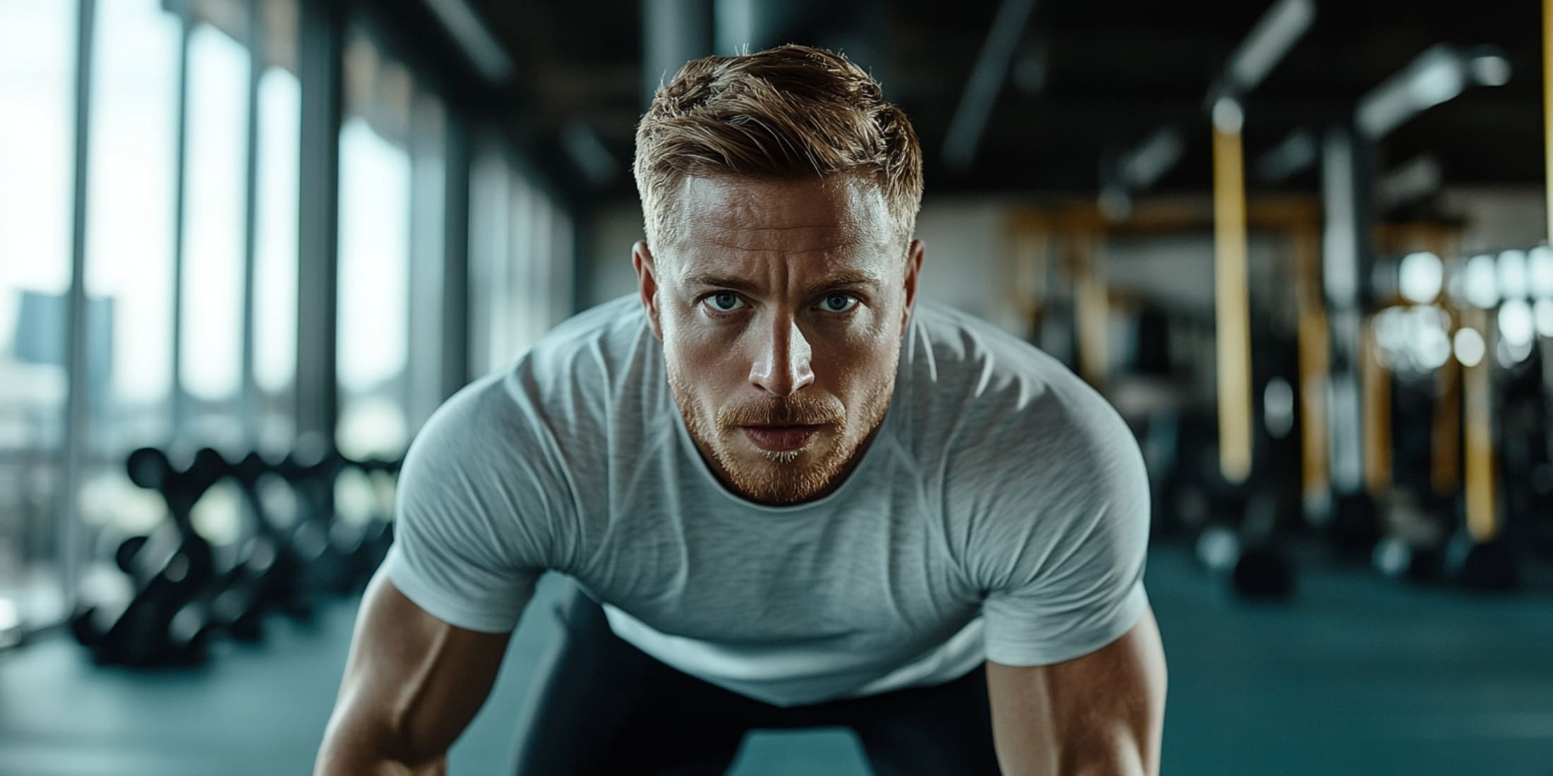 A focused man in a gym setting, leaning forward in a workout pose, wearing a grey t-shirt. 