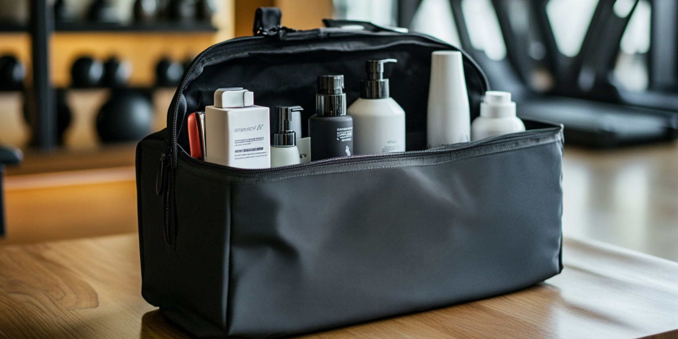 A travel bag filled with men's grooming essentials, including deodorant, cologne, and body care products, perfect for staying fresh all day. Carrying travel-sized hygiene products is key to how to smell better as a man on the go.