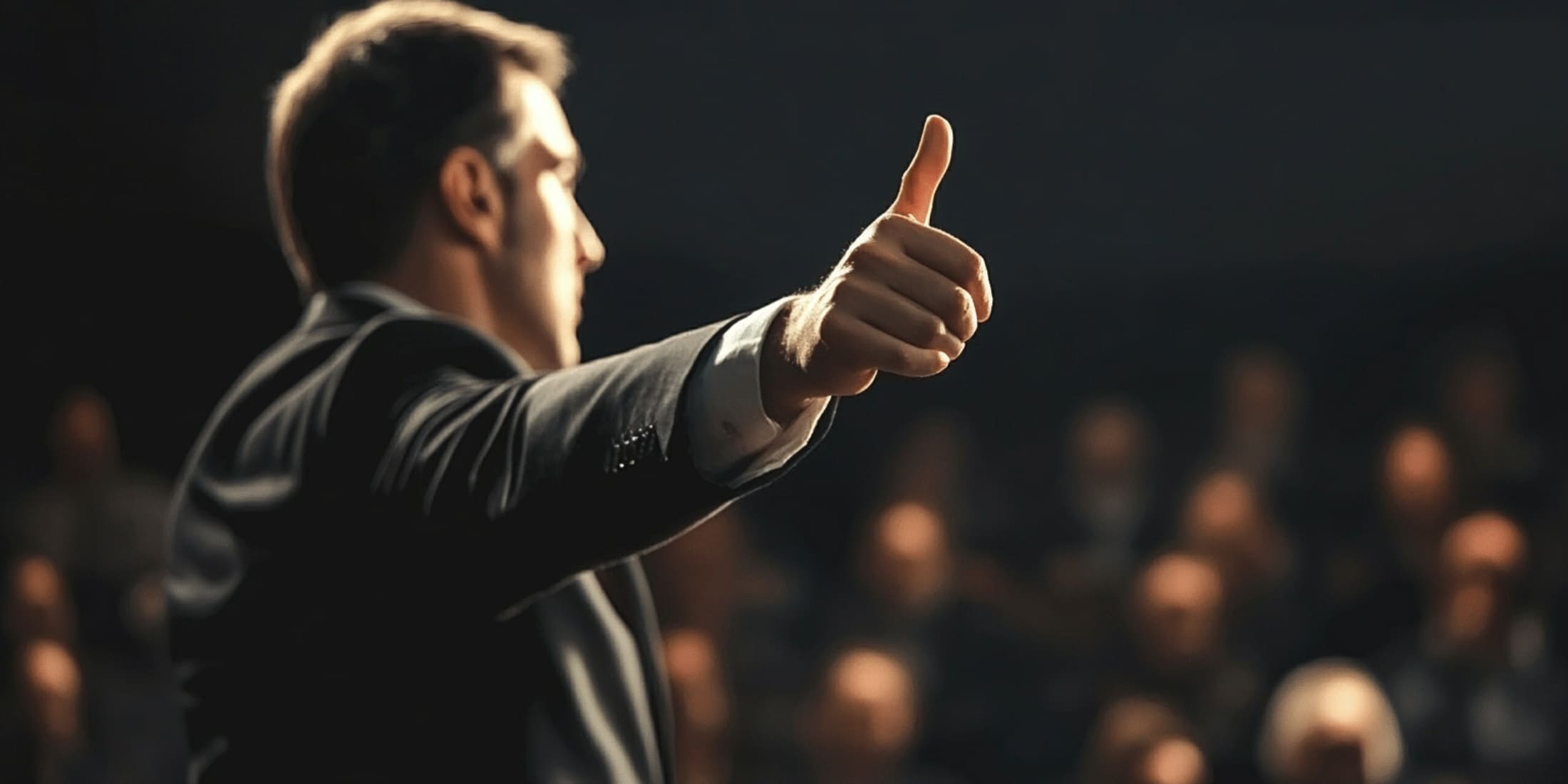 A man in a suit giving a confident thumbs-up gesture to an audience, symbolizing leadership qualities and decisiveness. This image represents the importance of strong decision-showcasing the confidence and influence needed to lead and inspire others.