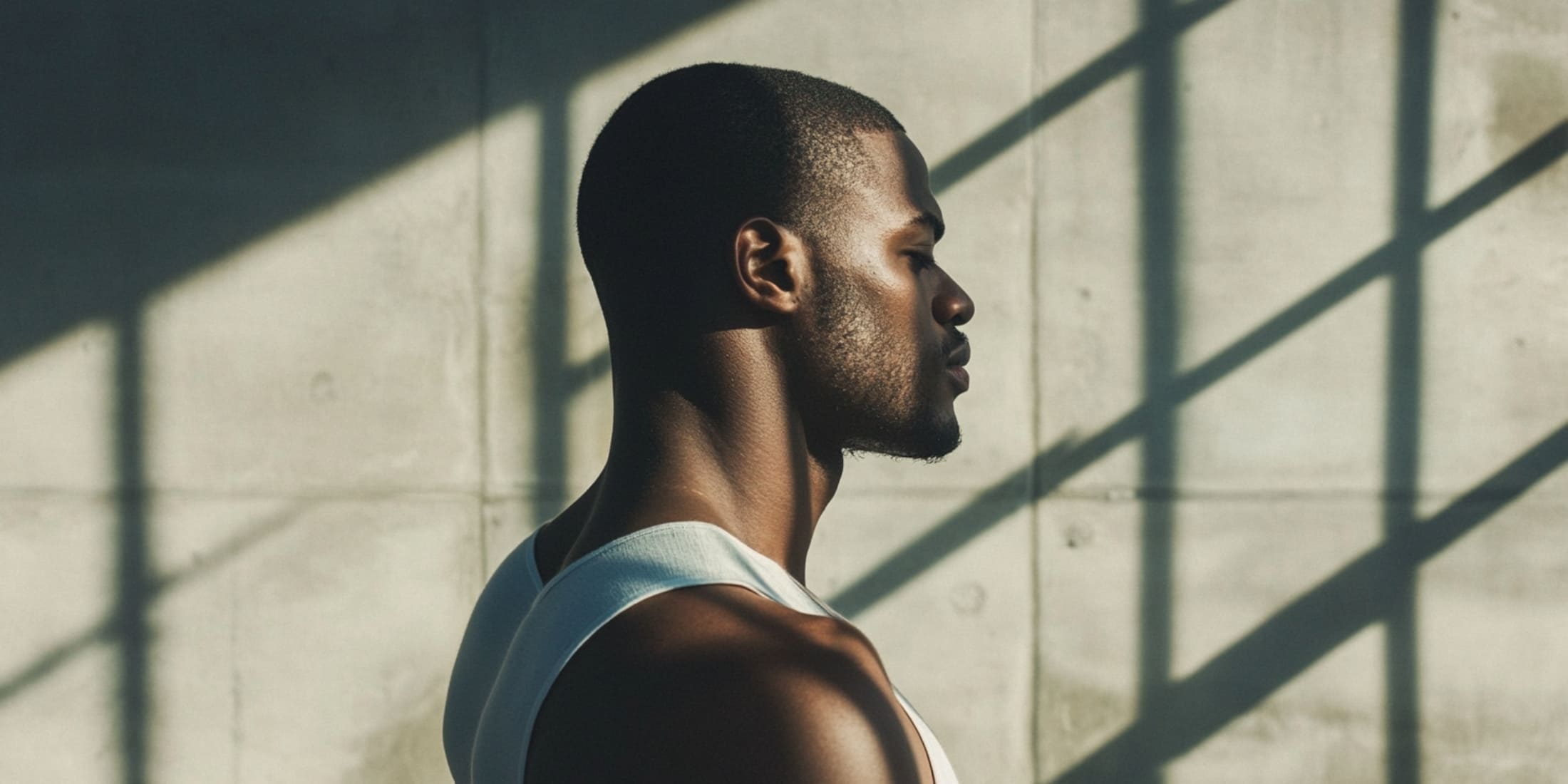 A man in a white tank top, standing in profile with his eyes closed, appears calm and focused, suggesting deep concentration or meditation. This image reflects self-discipline and mindfulness, essential habits of successful men, highlighting the importance of mental clarity and inner strength in achieving personal and professional goals.