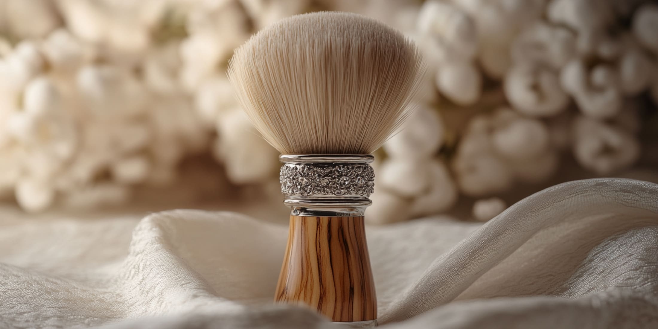 Elegant professional shaving brush with a detailed silver collar and a polished wooden handle, resting on a soft white fabric.