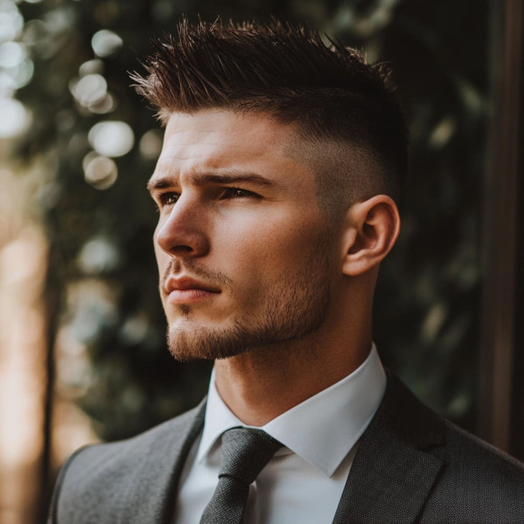 A man dressed in a tailored suit and tie, standing in a formal outdoor setting. His hair is styled in sharp spikes with a clean fade on the sides, giving him a modern, sophisticated look. The soft lighting and blurred background draw attention to his well-groomed appearance, highlighting his sharp features and confident expression. The combination of his hairstyle and formal attire creates a polished and refined image.