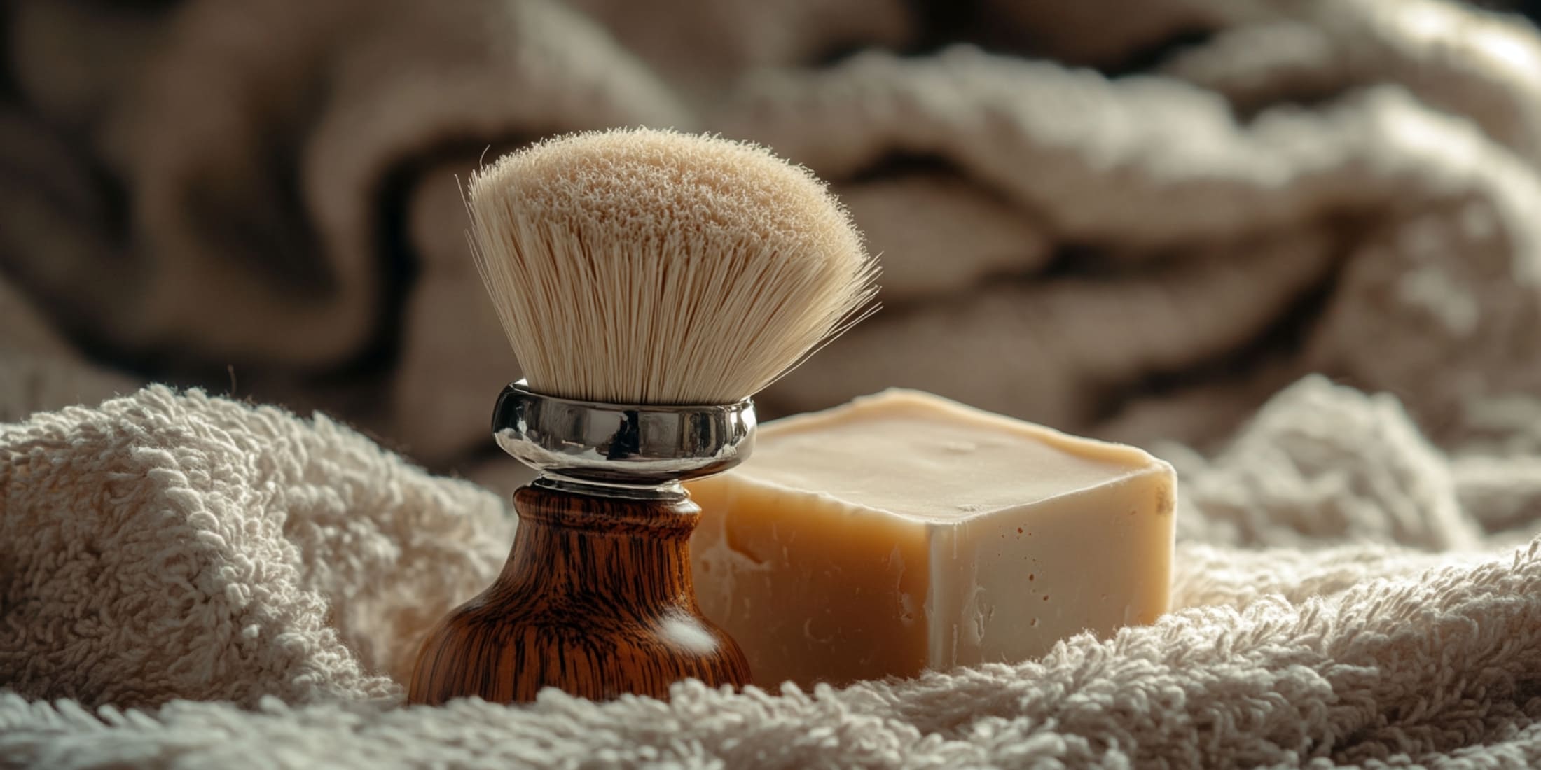 A short wood-handled shaving brush with dense, soft bristles sits beside a block of natural shaving soap, resting on a textured towel in soft, cozy lighting. The scene evokes a warm, traditional grooming experience, perfect for those learning how to use a shaving brush to enhance their daily shaving ritual.