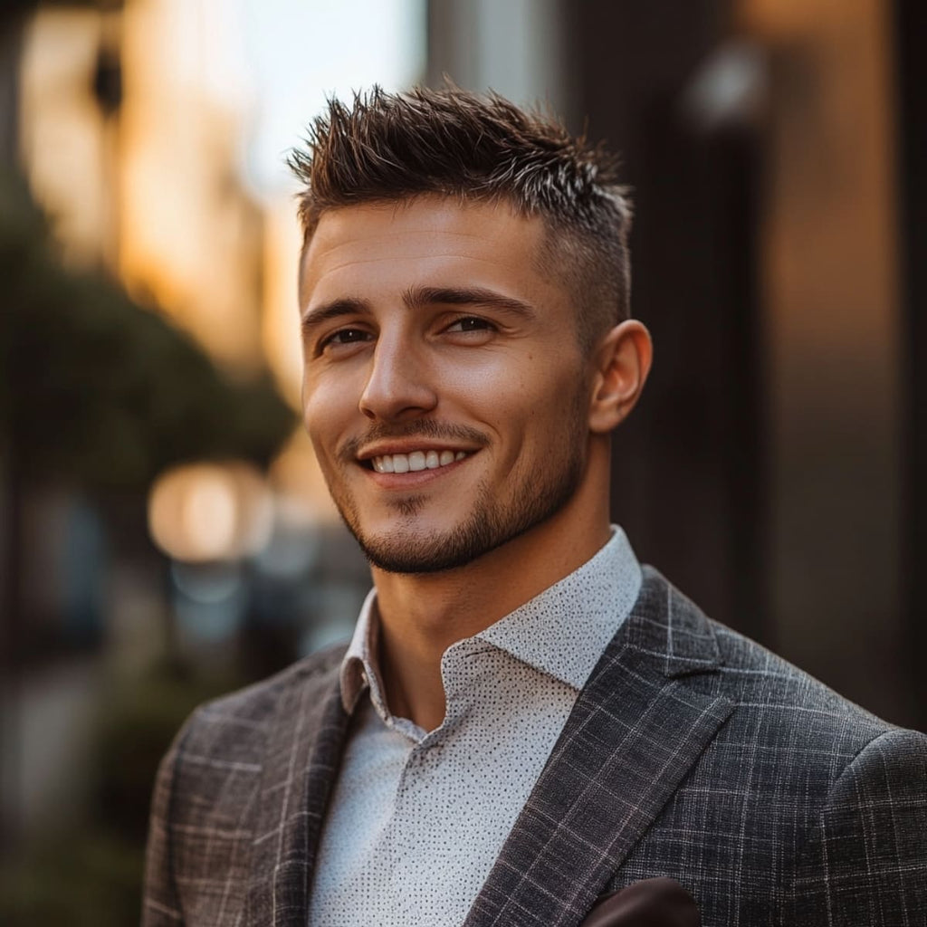 A smiling man dressed in a checkered suit and patterned shirt, showcasing a clean and modern high fade spiky haircut. The hairstyle features a sharp fade on the sides and back, with textured spikes on top, giving him a stylish and confident appearance. His well-groomed beard adds to the overall polished look. The background is softly blurred, highlighting the man’s fresh haircut and fashionable attire, perfect for both formal and casual settings. The warm outdoor lighting enhances the natural, sophisticated vibe.