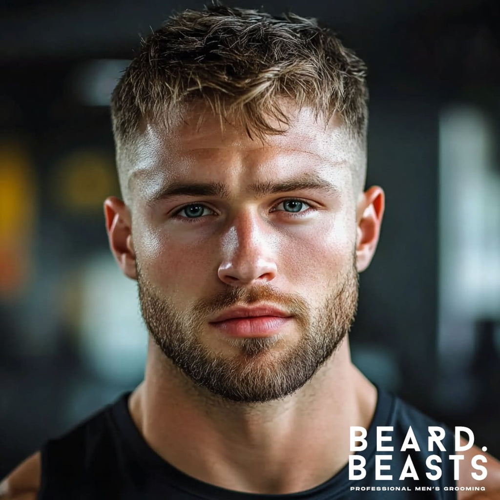 Close-up of a man with a textured crop haircut, a trendy and versatile choice among athletic hairstyles for men. The style features a messy, textured top with shorter, cleanly tapered sides, offering a balance of style and practicality. Perfect for active individuals, this low-maintenance look stays sharp during workouts and transitions seamlessly into casual or formal settings. The textured crop highlights natural movement and effortless cool, making it ideal for sporty and modern men.