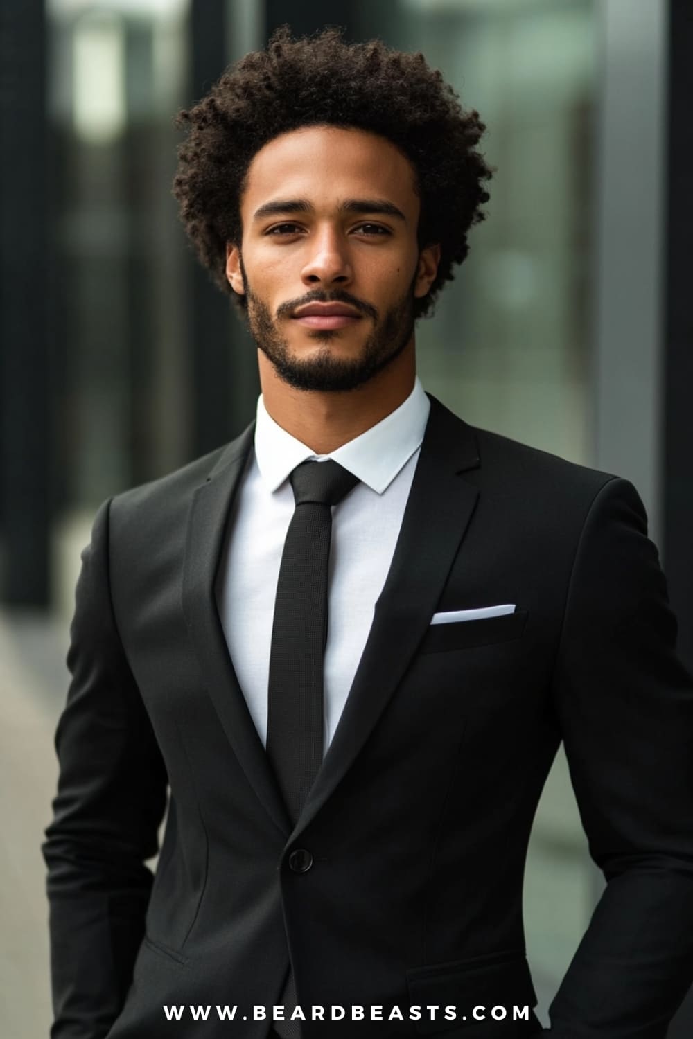 A man exudes confidence and professionalism with a perfectly shaped afro, showcasing his natural hair texture. His hair is neatly styled into a well-defined, rounded afro that complements his strong facial features. He sports a well-groomed beard that adds to his polished appearance. Dressed in a sharp black suit, white shirt, and black tie, he presents a stylish and sophisticated look, perfect for any formal or professional setting.