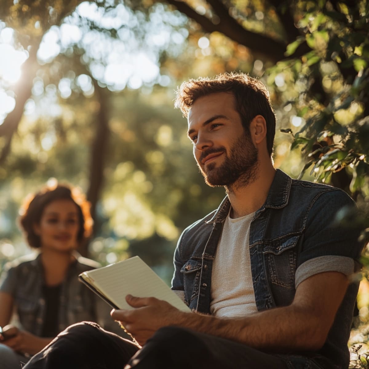 Emotionally intelligent man sitting in a peaceful park, holding a notebook, reflecting with a warm smile, demonstrating how to improve yourself as a man through self-awareness and mindfulness.