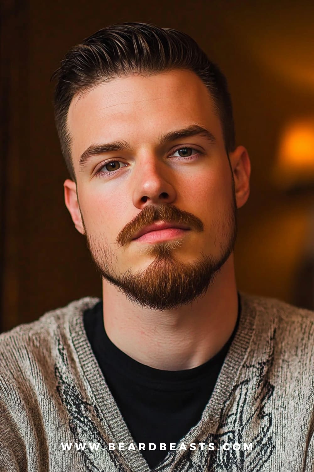 Portrait of a man, sporting a well-defined anchor beard. The beard style combines a pointed goatee with a disconnected mustache, highlighting his strong jawline while adding a sophisticated, structured look.