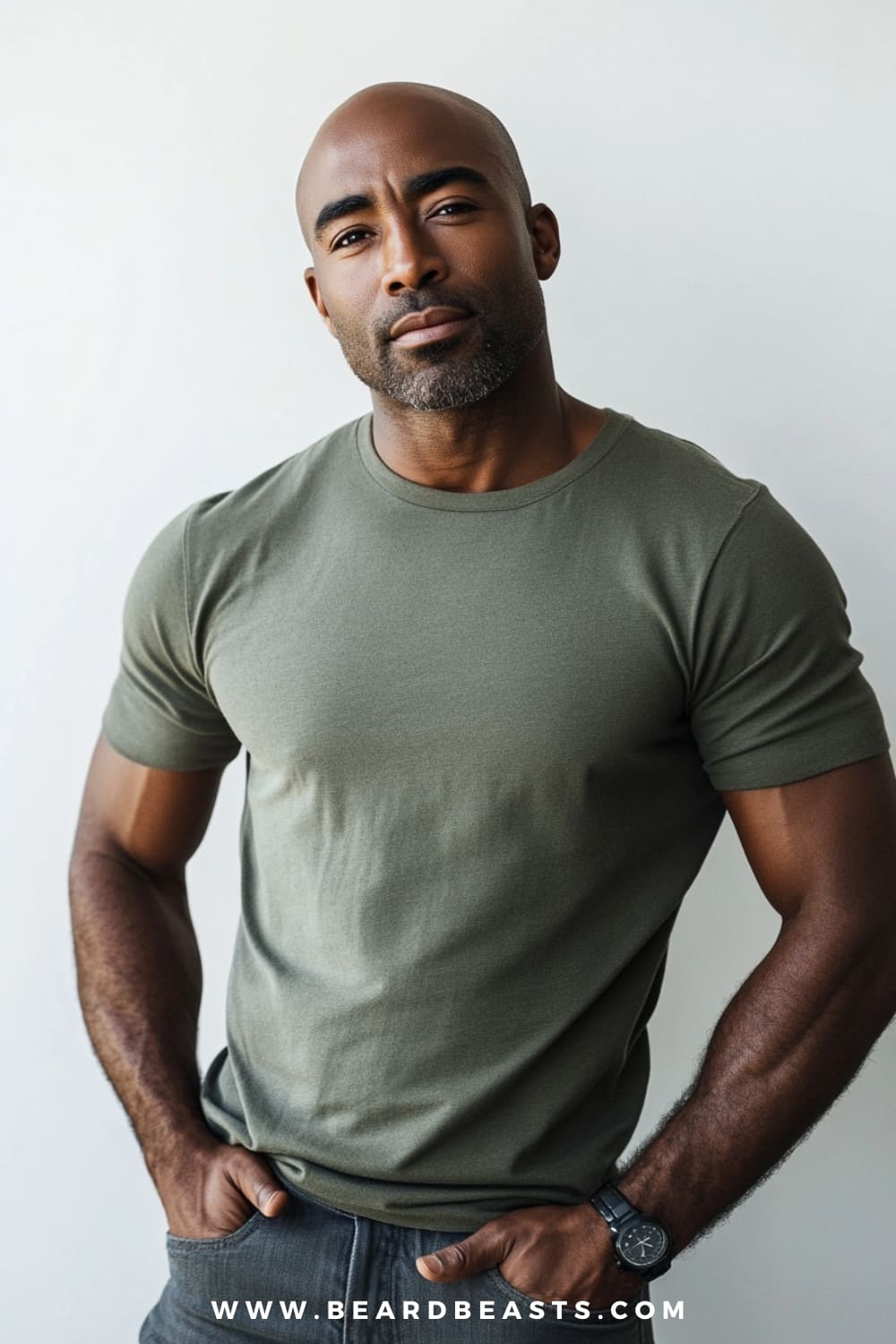 A full-body image of a man with a smooth, completely shaved head, showcasing a Bald Cut that exudes confidence and simplicity. His clean-shaven look is paired with a well-groomed, light beard that adds a touch of ruggedness to his overall appearance. The man is wearing a fitted olive-green t-shirt that highlights his athletic build, with his hands casually placed in the pockets of his gray jeans, creating a relaxed yet assertive posture. The background is a plain, light color, ensuring that the focus remains on his bald head and strong facial features. The overall vibe of the image is one of strength, self-assuredness, and minimalistic style, perfectly capturing the essence of the Bald Cut.