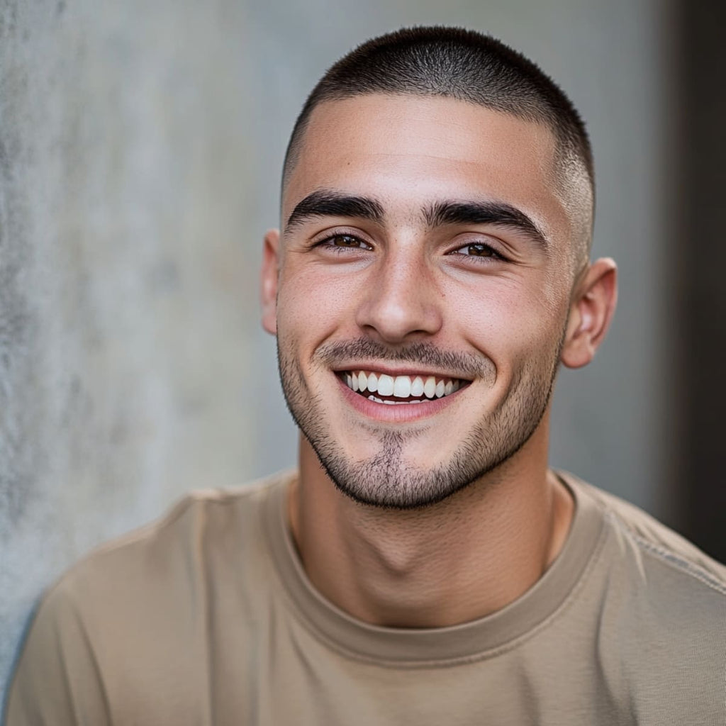 Smiling man with a bald fade buzz cut, featuring closely cropped hair on top with a smooth fade down to the skin on the sides. This minimalist and low-maintenance bald fade haircut emphasizes a clean, sharp look that complements his natural features. Ideal for a fresh, rugged style, this buzz cut fade combines simplicity with a modern edge, perfect for anyone seeking an effortlessly cool appearance.