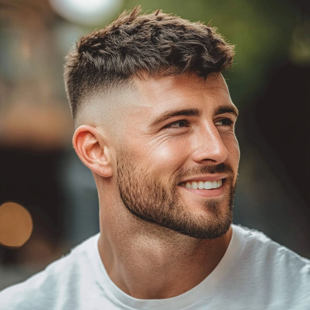 Close-up of a smiling man with a bald fade crop top haircut, featuring a textured, slightly messy top with a clean fade down to the skin on the sides. This modern bald fade haircut adds volume to the crown, creating a stylish, youthful appearance that pairs well with the well-groomed beard. Perfect for those seeking a trendy, low-maintenance look that combines sharp lines with a relaxed, textured top.