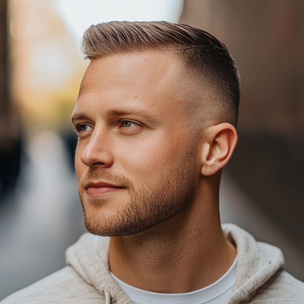 A man with a clean, stylish haircut looks off into the distance with a thoughtful expression. His hairstyle features a smooth, short top with a gradual fade down to nearly bald on the sides, creating a sharp and polished look. Dressed in a light hoodie and set against a softly blurred urban background, he exudes a fresh, modern vibe with a hint of confidence.