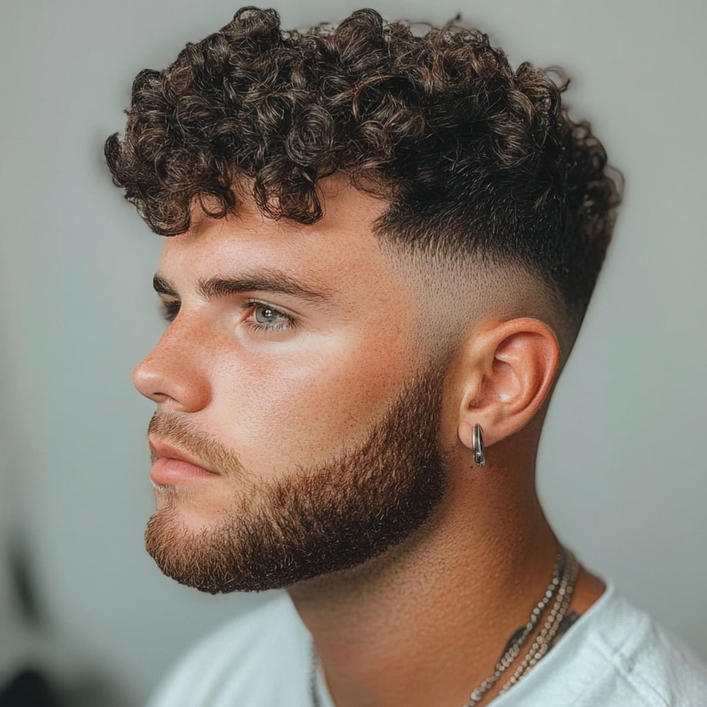 Side profile of a man with a stylish bald fade on curly hair, featuring a sharp fade that transitions smoothly into thick, defined curls on top. This bald fade haircut highlights the contrast between the tight curls and the cleanly shaved sides, adding volume and structure to the hairstyle. Ideal for those with naturally curly hair who want a modern, edgy look that emphasizes texture and definition.