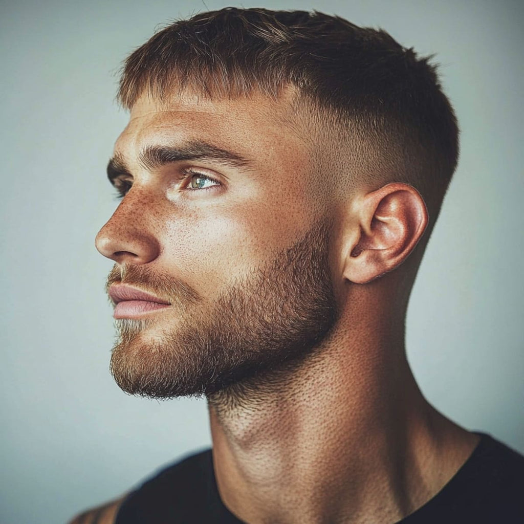 Side profile of a man with a bald fade haircut on straight hair, featuring a clean, gradual fade down to the skin along the sides and back. The hairstyle emphasizes a textured, cropped top with a slightly tousled finish, enhancing the contrast with the sharp fade. This bald fade on straight hair creates a sleek, structured look that accentuates the facial features and gives a modern, polished appearance, ideal for those seeking a refined yet edgy style.