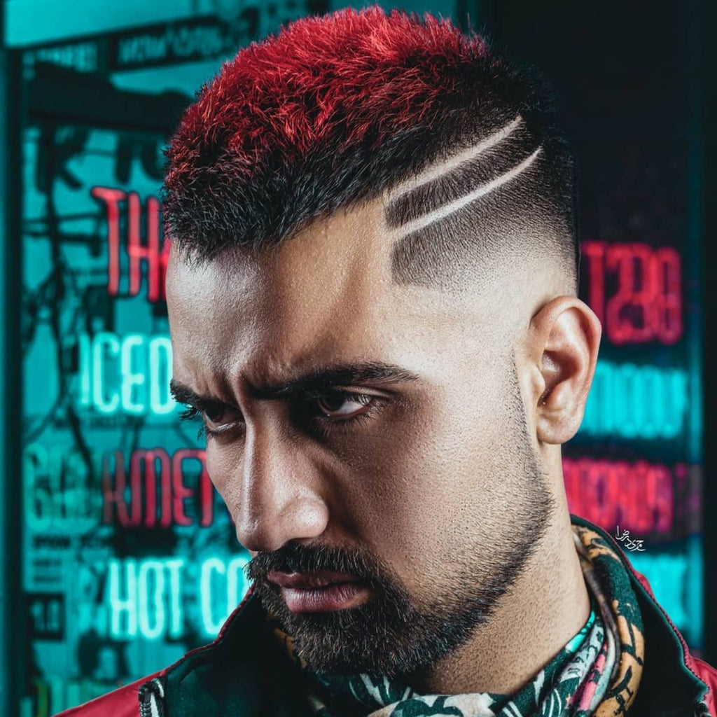 Close-up of a man with a bold bald fade haircut featuring intricate shaved designs. The style includes a sharp fade on the sides, paired with two parallel shaved lines above the ear, creating a unique and artistic look. The vibrant, red-dyed textured top contrasts strikingly with the clean fade and designs, making this bald fade with design a standout choice for anyone wanting a modern, edgy hairstyle that reflects personality.