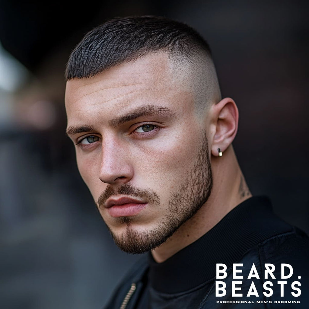 A striking portrait of a young man with a short, textured haircut that is clean and sharply defined. His well-groomed beard complements the hairstyle, creating a balanced and polished look. Dressed in a black jacket, he exudes confidence and style against an urban backdrop with soft, blurred lighting. The "Beard Beasts" logo adds a professional touch, emphasizing premium men's grooming.