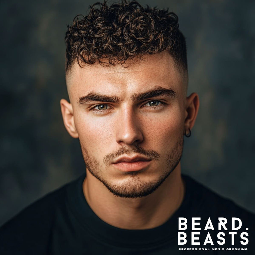 Close-up of a man with a sharp haircut featuring shaved sides and natural curls left longer on top. The well-defined curls add texture and volume, creating a striking contrast with the cleanly shaved sides. His neatly groomed facial hair complements the polished and modern look. Set against a subtle, textured background, the style emphasizes individuality and confidence.