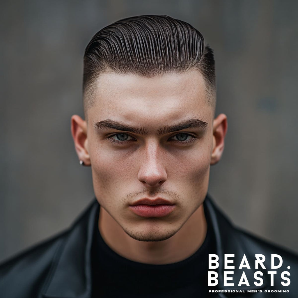 Close-up of a man with a bald high fade featuring shaved sides and a sleek slick back hairstyle. The sharply defined fade contrasts with the polished, combed-back top, creating a modern and sophisticated look. The neutral background and the man's intense expression add to the bold and edgy vibe, making this an ideal style for men seeking a confident and professional appearance.