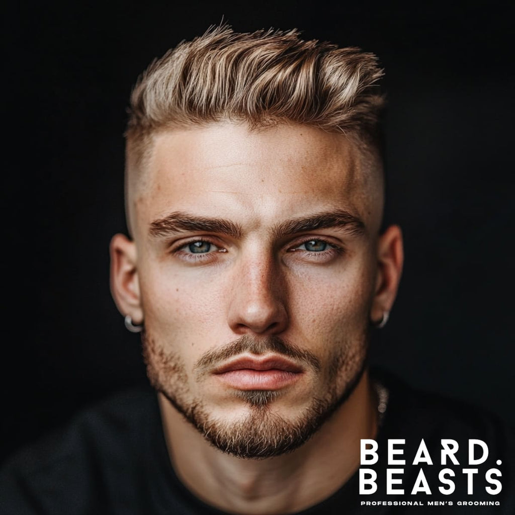 Close-up of a man sporting a bald high fade with a textured top, featuring shaved sides that transition into a voluminous, tousled top styled for maximum texture. The hairstyle highlights a sharp contrast between the clean fade and the dynamic, natural movement of the hair. Paired with a neatly trimmed beard and a dark background, this modern and edgy look is perfect for men seeking a bold yet stylish appearance.