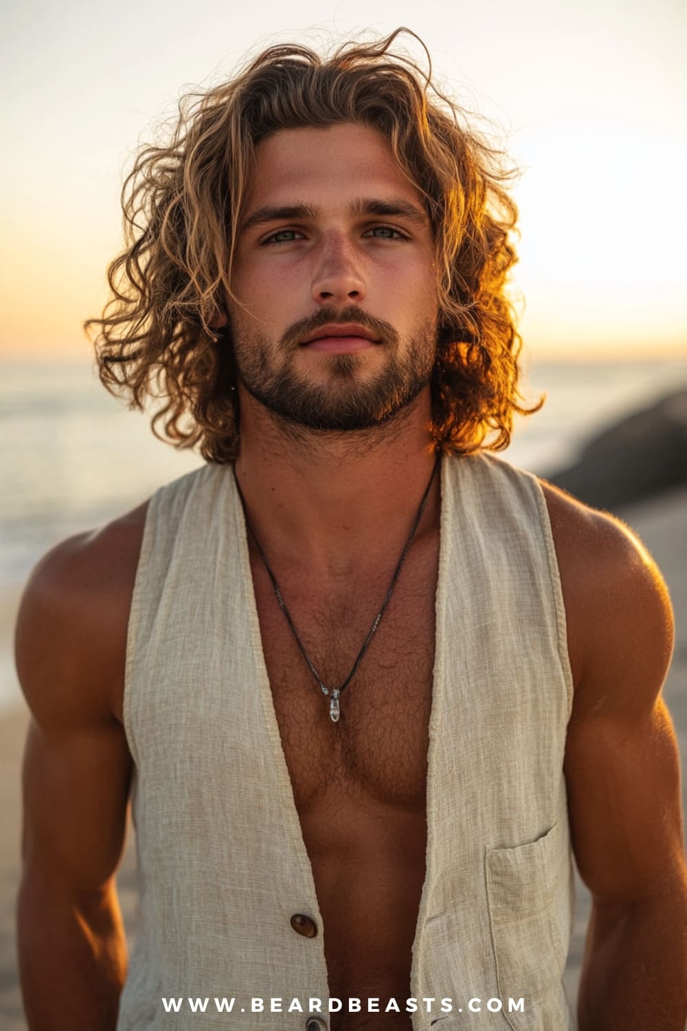 A man exudes a laid-back, beach-ready vibe with tousled beach waves, a perfect example of hairstyles for men with thick wavy hair. His thick, wavy hair flows naturally around his face, capturing the effortless, sun-kissed look of a day at the beach. He sports a well-groomed beard that complements his relaxed yet rugged appearance. Dressed in an open, sleeveless linen vest, he accessorizes with a simple necklace, adding to the carefree, bohemian style.