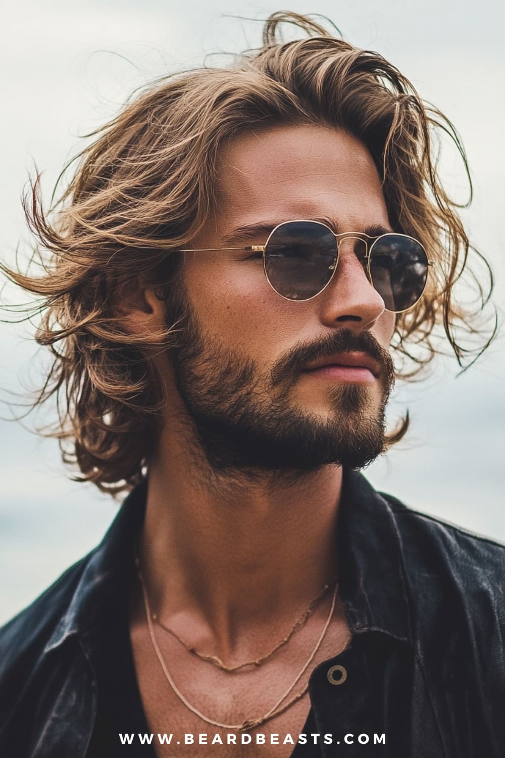 A man with effortlessly cool beach waves is featured in this image, showcasing his thin wavy hair styled with natural texture and volume. The loose waves add depth and movement, making the hair appear fuller and thicker. His relaxed hairstyle is complemented by sunglasses and a rugged beard, giving off a laid-back, adventurous vibe. This hairstyle for men with thin wavy hair is perfect for achieving a carefree, beach-inspired look that enhances the natural wave pattern while maintaining a stylish and confident appearance.