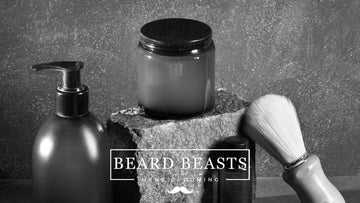 image of premium men's grooming products, featuring a jar of beard butter, prominently displayed, illustrating a sophisticated setup for a guide on how to use beard balm