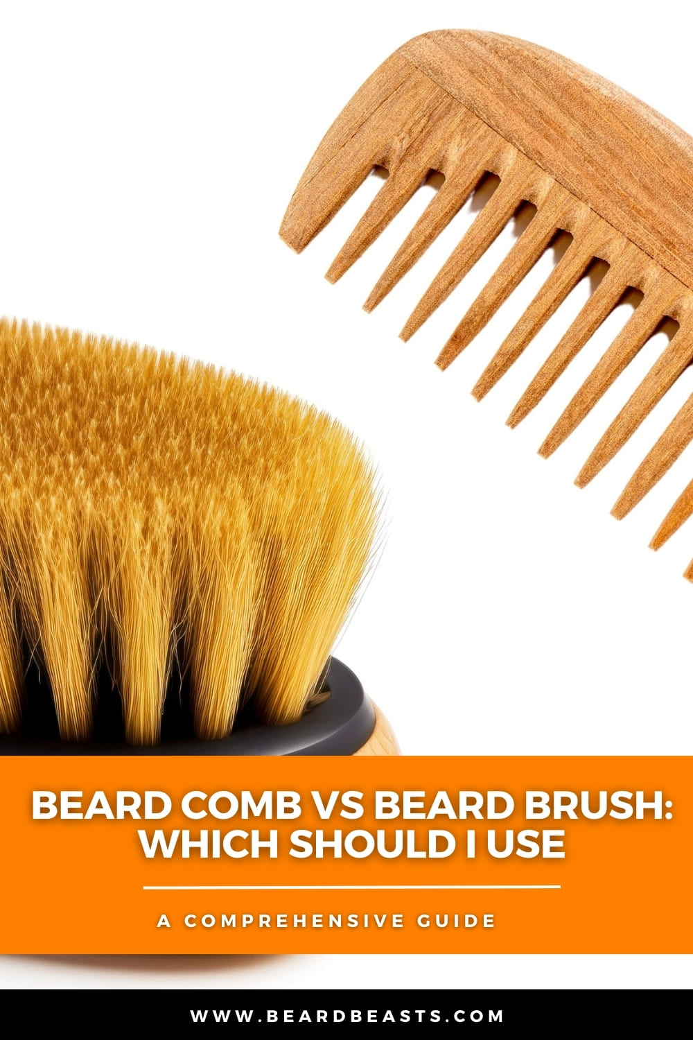 Beard Comb vs Beard Brush: Which Should I Use? Comprehensive guide image featuring a wooden beard comb and a boar bristle beard brush. Ideal for understanding the benefits and uses of each grooming tool. www.beardbeasts.com.