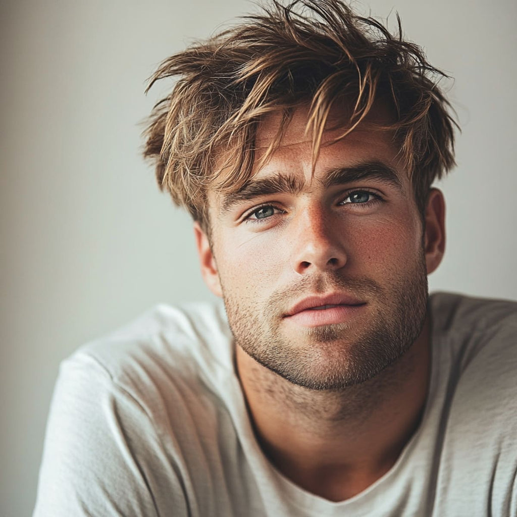 Man with bedhead spikes and a textured fringe, giving a relaxed, effortlessly cool vibe. His messy spiky hair flows naturally with a tousled fringe, creating a laid-back, stylish look.