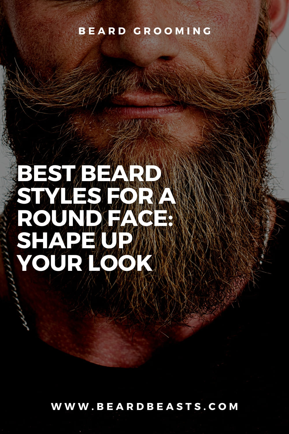 Promotional image for beard grooming featuring a close-up of a man with a full, textured beard, with bold text overlay stating 'Best Beard Styles for a Round Face: Shape Up Your Look' and the website 'www.beardbeasts.com' at the bottom.